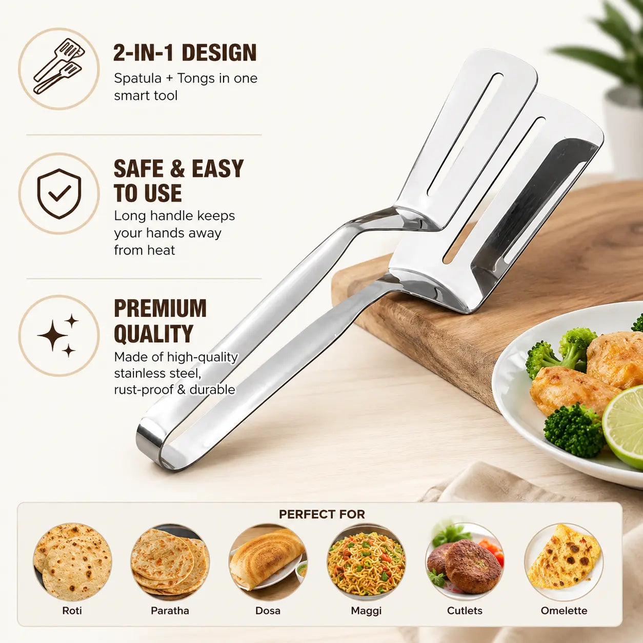 2-in-1 Stainless Steel Turner Tong – Flip, Lift & Serve with Ease