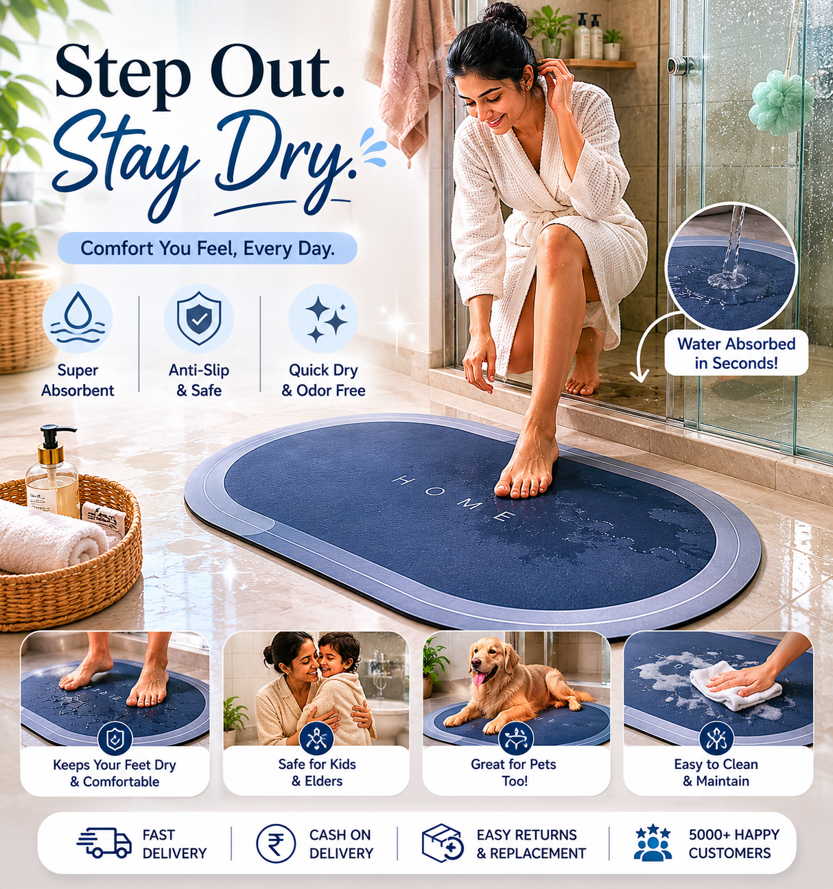 Ultra Absorbent Anti-Slip Bathroom Mat | Quick Dry Luxury Bath Rug for Modern Homes