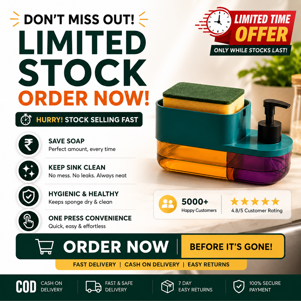 3-in-1 Soap Dispenser & Sponge Holder | Soap Dispenser for Kitchen